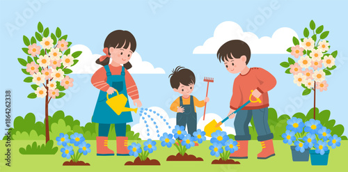 Little children planting tree together. A little sister and two brothers working together outdoors in the garden.