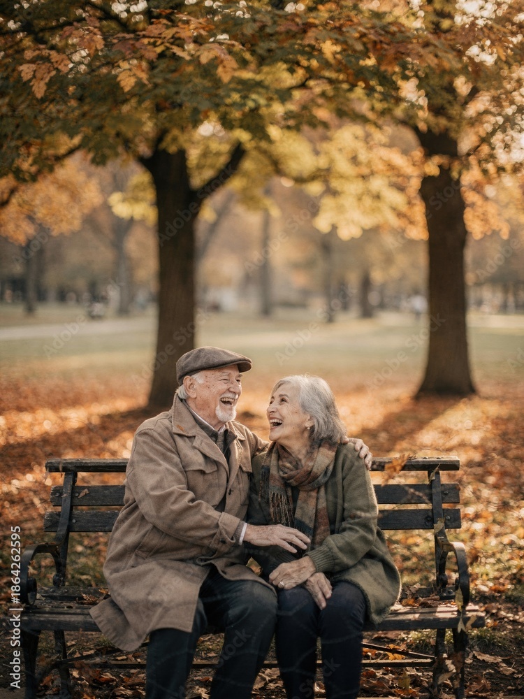 Fototapeta premium Joyful Elderly Couple Laughing on Park Bench in Autumn