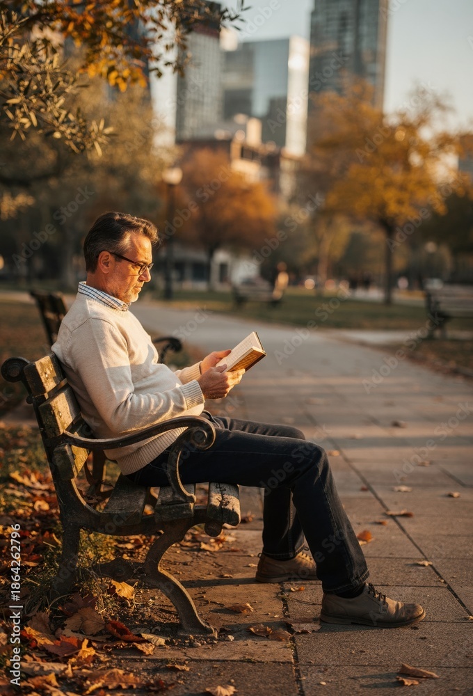 Obraz premium Man Reading a Book on a Park Bench in Autumn Sunlight