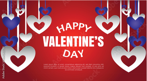 Happy Valentines Day celebration with hanging hearts on red background