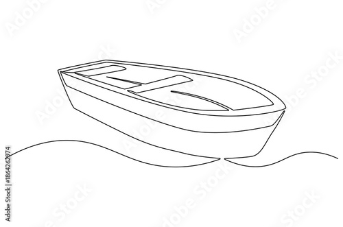 Continuous one line drawing of Old wooden boat with oar. Single line drawing illustration of Traditional wooden canoe. Outdoor adventure-themed concept vector art. Doodle line illustration.
