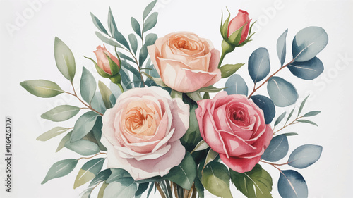 beautiful bouquet of roses and eucalyptus on white background