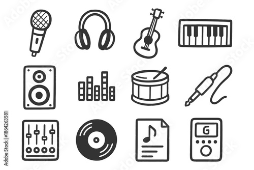 Collection of hand-drawn music icons featuring instruments and audio equipment.