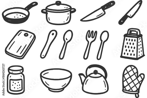 Hand-drawn kitchen utensil set featuring pots, pans, knives, cutting board, and more.
