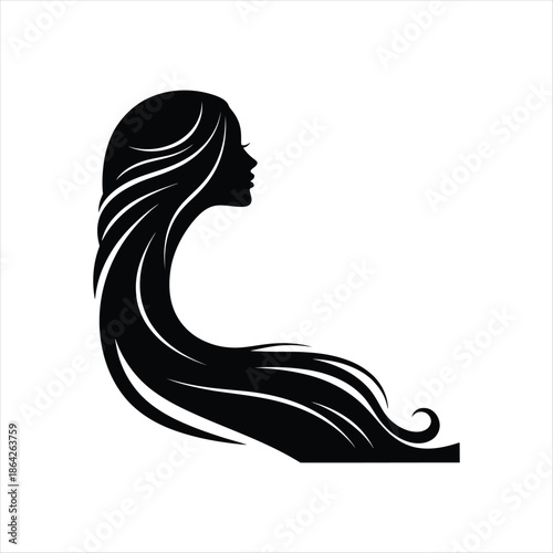 Black silhouette of a womans head with long flowing hair isolated on