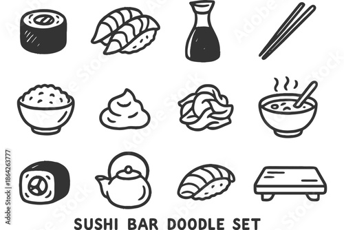 Doodle set of sushi bar icons featuring nigiri, soy sauce, and chopsticks.