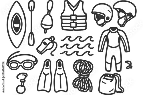 Kayaking gear collection: life vest, paddle, helmet, rope, wetsuit, flippers.