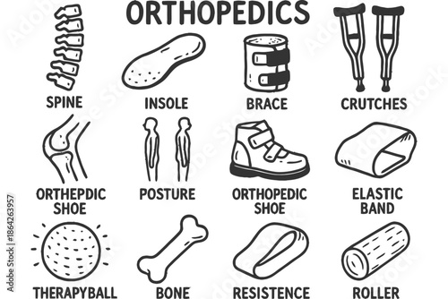 Orthopedics: spine, insoles, braces, crutches, shoes, and therapy tools illustrated.
