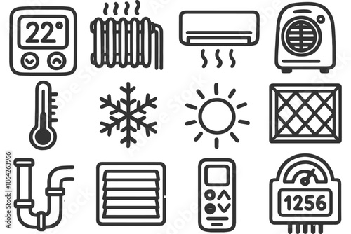 Set of 12 climate control icons: thermostat, heater, air conditioner, thermometer, snowflake, sun, filter, pipe, vents, remote, padlock.