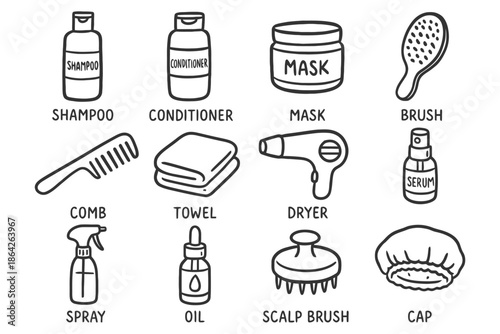 Hand-drawn hair care essentials: shampoo, conditioner, mask, and styling tools.