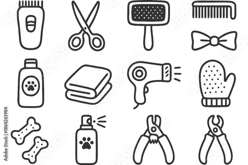 Pet grooming tools and accessories icon set in black and white.