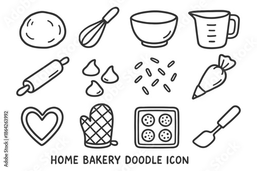 Hand-drawn bakery tools and ingredients icons illustration.