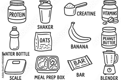 Fitness supplement and nutrition icons: protein, vitamins, shaker, and more.