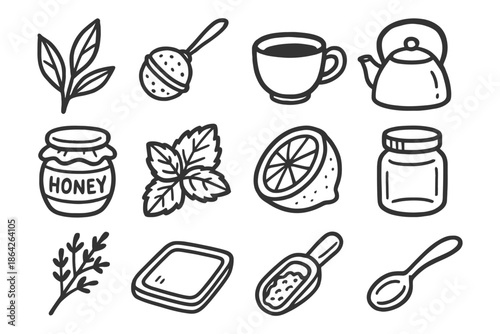Hand-drawn tea set elements with teapot, cup, herbs, honey, and lemon.