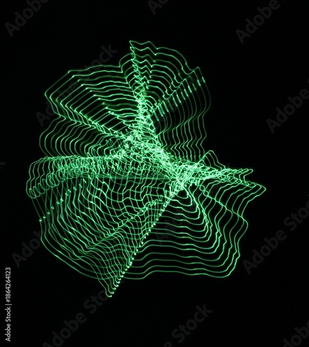A long exposure photograph. Light painting photography, vibrant green fairy lights in a wormhole star effect against a black background