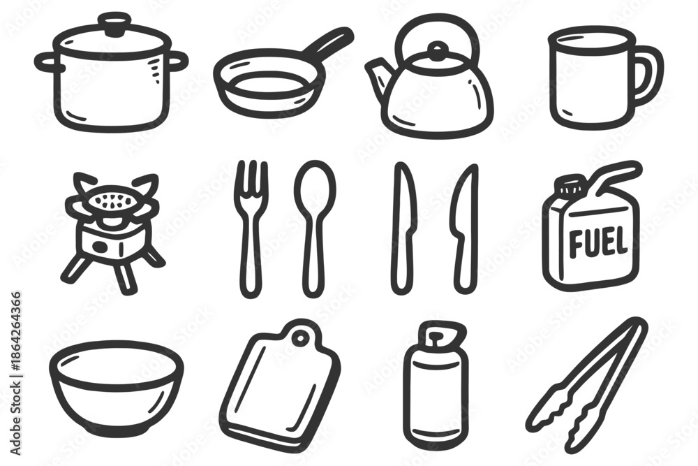Obraz premium Collection of hand-drawn cooking and kitchen tools.