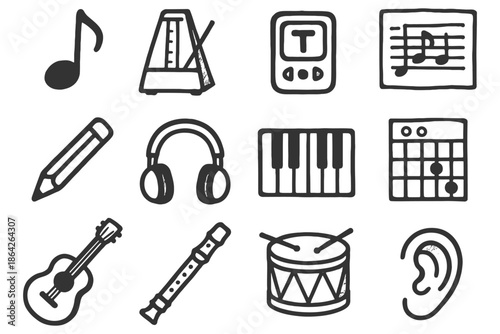 Hand-drawn music icons: instruments, notes, and metronomes in black and white.