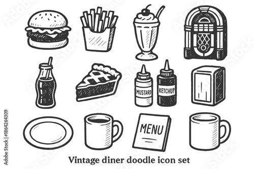 Vintage diner doodle icon set featuring burgers, fries, milkshake, jukebox, and more.