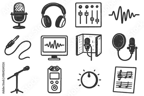 Hand-drawn audio equipment icons: microphone, headphones, mixer, and soundwave designs.