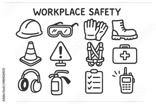 Essential workplace safety equipment icons: ppe, tools, and hazard symbols.