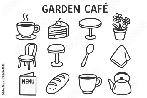 Garden café icon set: coffee, table, cake, flowers, and more.
