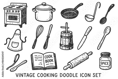 Vintage cooking doodle icons: stove, cookware, utensils, cookbook, spice jar.
