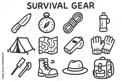 Essential survival gear icons: knife, compass, rope, tent, map, whistle, gloves, boots, hat, backpack.