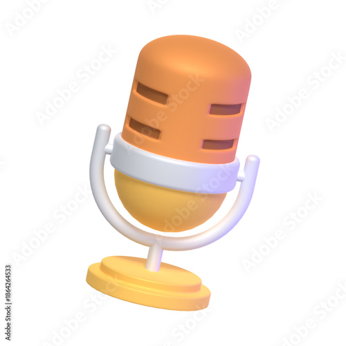3D render of a retro microphone icon in orange and yellow, symbolizing audio recording and broadcasting