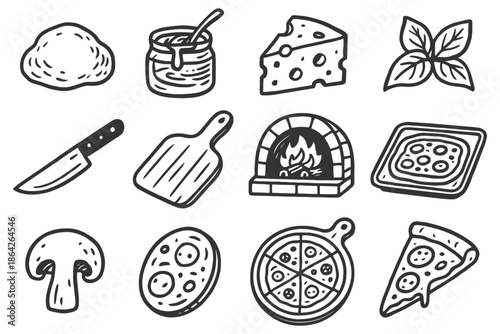 Variety of pizza ingredients and utensils in black and white icons.