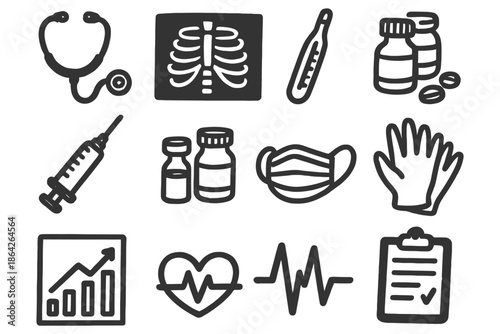 Medical equipment and health items: stethoscope, x-ray, thermometer, medication, syringe, mask, gloves, chart.