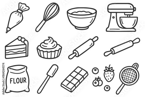Baking tools and ingredients illustrations: mixer, whisk, flour, cake, pastry.