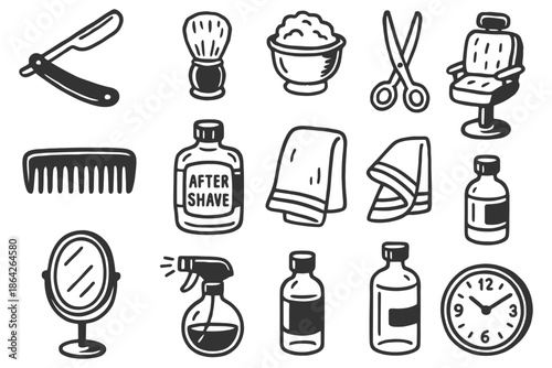 Barber shop icons: shaving accessories, tools, and grooming essentials.