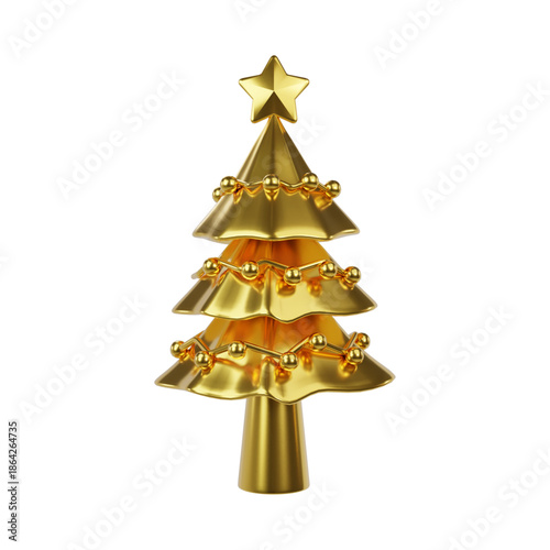 Shiny golden Christmas tree with festive string lights and star on top, isolated on white background