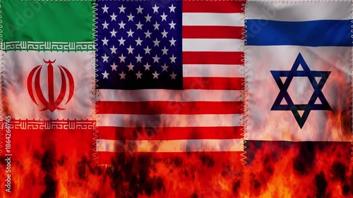 Iran, USA, Israel flags waving in the wind and burning on fire. Animation concept : war, armed conflict, national relationship, strategic negotiations