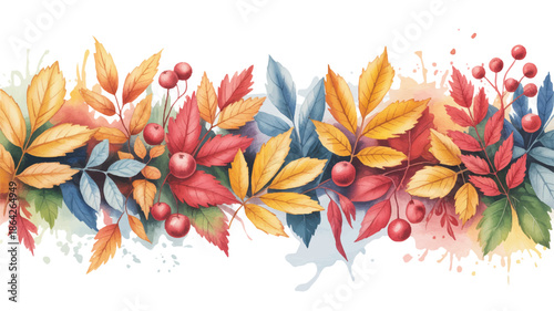 colorful autumn leaves and berries on white background