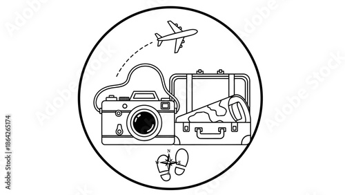 Vector illustration set of a photo camera icon and various transport symbols including a car truck and delivery van for vehicle service and cargo shipping design