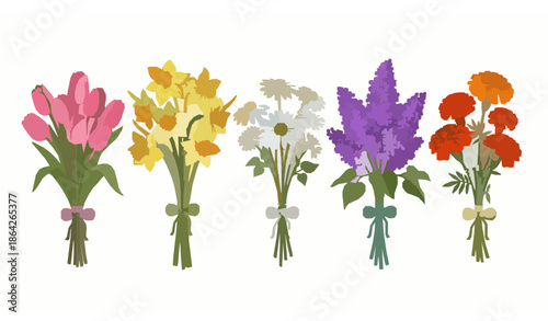 Summer flower bouquet vector set isolated on white background with tulips, daisies, lilacs, and daffodils
