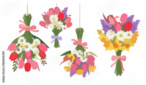 Fresh flower bouquet vector illustrations isolated on white background for spring and summer gifts