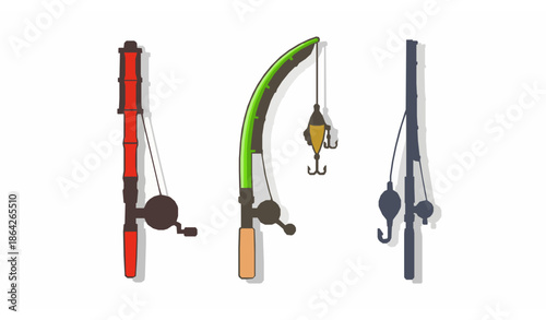 Flat cartoon fishing rod vector illustrations isolated on white background with colorful reels and angling gear
