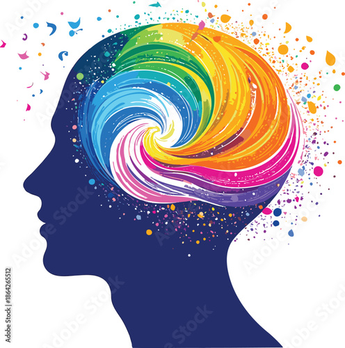 Vibrant creative thinking concept with rainbow swirl in human head