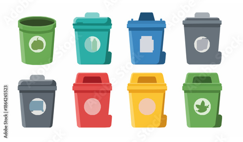 Flat colorful garbage bin vector icons for trash sorting and recycling on white background