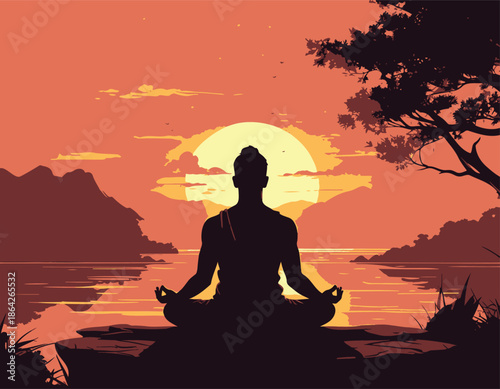 Serene man meditating by peaceful lake at sunset with mountains