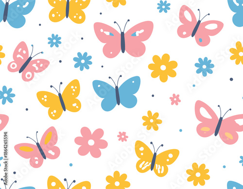 Colorful butterflies and flowers on white background for kids