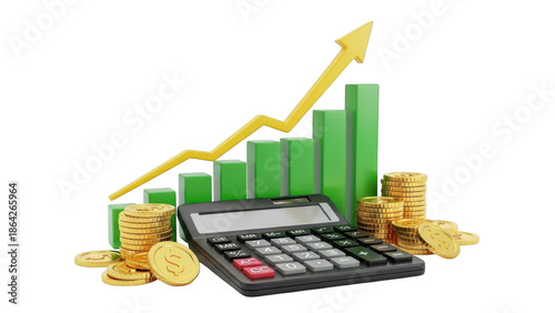Financial growth represented by graph and coins isolated on transparent background