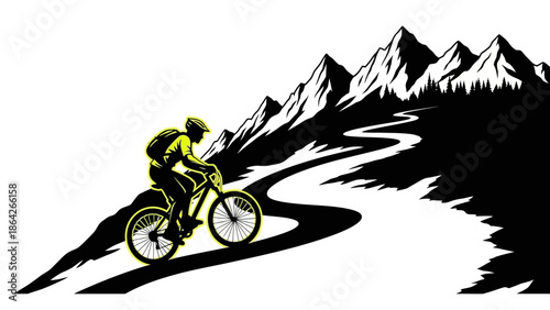 Cyclist riding through stunning mountain landscape with winding road