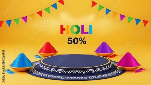 Colorful holi festival celebration with product showcase and vibrant decorations background