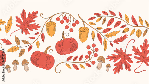 fall leaves and pumpkins on beige background