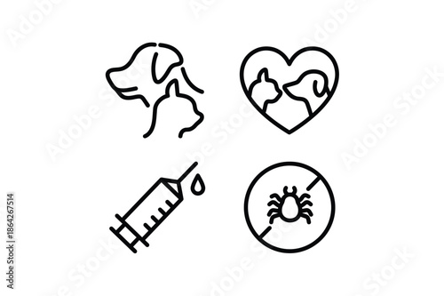 Four icons representing rabies vaccination and pet care dog animal injection syringe
