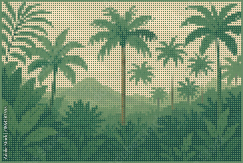 Tropical Jungle Mural with Palm Trees and Lush Foliage in Halftone Matrix Poster Style