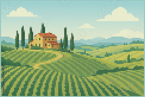 Panoramic Tuscan Vineyard Landscape with Traditional Villa Halftone Matrix Poster Decor